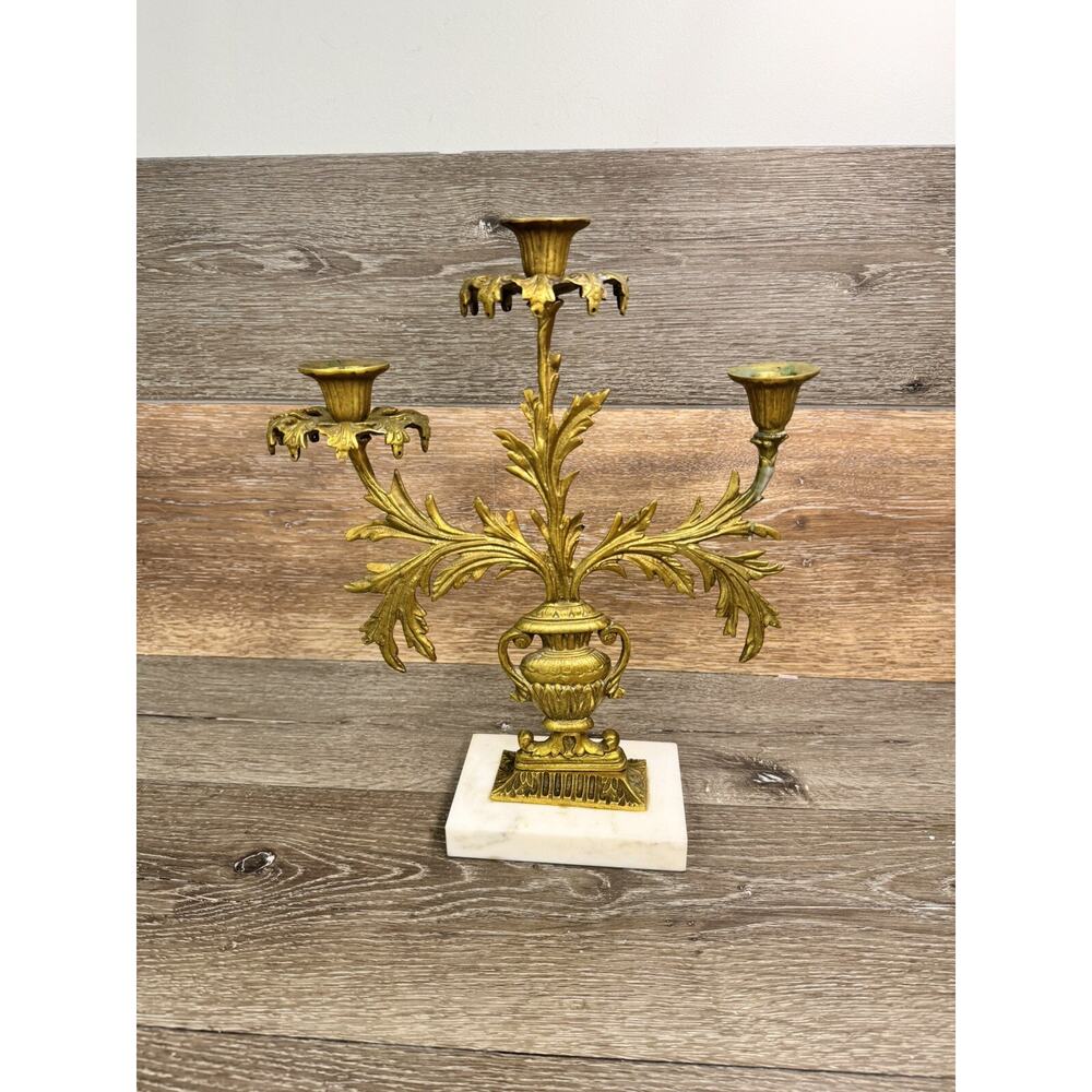 VTG Harvin Virginia Metalcrafters Brass 3 Arm Candelabra with Marble Base 14x12”
